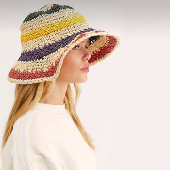 Accessories - Colorful Rainbow Striped Natural Straw Bucket Hat